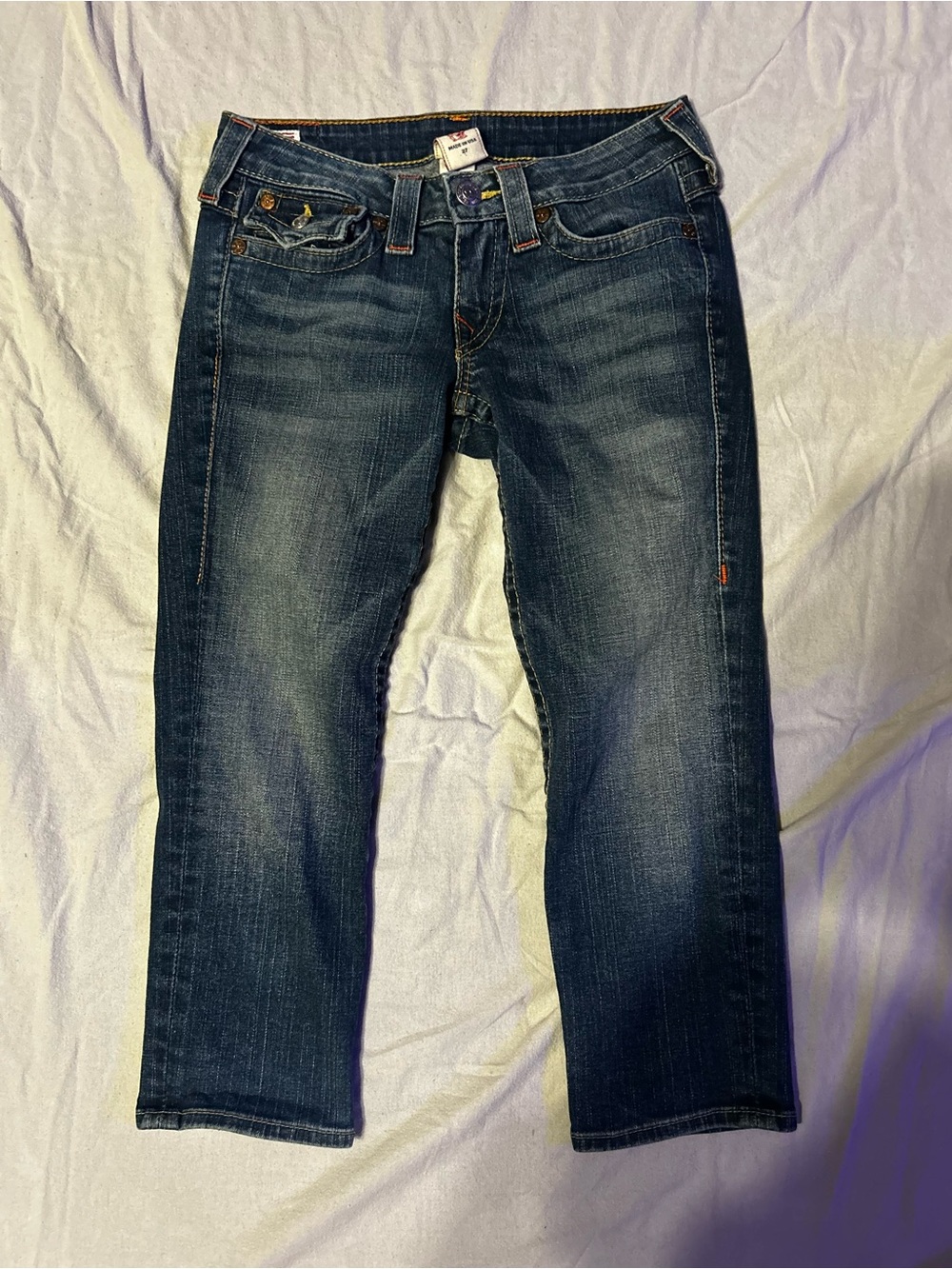 True Religion Dark Wash Denim Capri Jeans Flap Pocket Women's Size 27